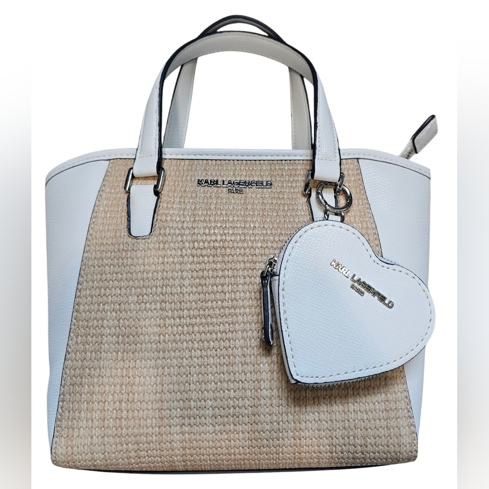 Karl Lagerfeld White Leather And Tan Tweed, Women's Shoulder/Cross Body, New!